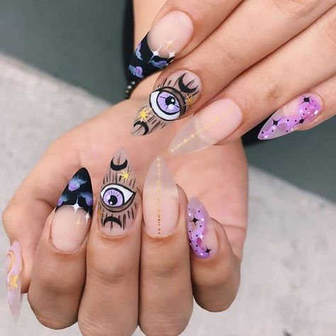 @nailkndy on Instagram: “Third eye vibes 🧿 Follow: @nailkndy  By: @nails.fashion.12  .⁣ .⁣ .⁣ .⁣ .⁣ #naildesigns #nailsoftheday #nailsofinstagram #nail #pinknails…” Third Eye Nails, Simple Halloween Nails, Halloween Nails Designs, Halloween Nail Design, Long Stiletto Nails, Eye Nail Art, Space Nails, Luxury Press On Nails, Cute Halloween Nails