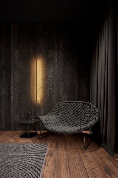 Moonshadow on Behance Sleeping Room Design, Large Living Room Layout, Minimalist Furniture Design, Black Bedroom Design, Living Area Design, Cement Wall, Living Room Design Inspiration, Dark Interiors, Livingroom Layout