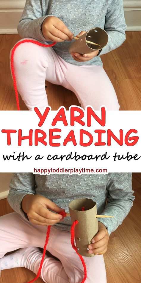 CARDBOARD TUBE YARN THREADING - Happy Toddler Playtime Preschool Yarn Activities, Finger Gym, Easy Kid Activities, Toddler Games, Play Based Learning Activities, Fine Motor Skills Activities, Task Boxes, Motor Skills Activities, Toy Ideas