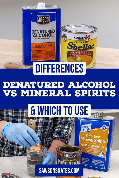 What are the differences between denatured alcohol and mineral spirits? I’ll explain the distinctions in this side-by-side comparison! Mineral Spirits Clean Wood, Denatured Alcohol To Strip Wood, Woodwork Tips, Cleaning Wood Furniture, Woodworking Hacks, Dusting Spray, Stripping Furniture, Alcohol Stove, Stained Table