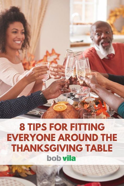 Expecting a crowd for Thanksgiving? Don't leave guests balancing their plates on their laps as they eat Thanksgiving dinner from the couch. Follow these tips for fitting everyone around the table without feeling crammed and uncomfortable. | 13 Tips for Fitting Everyone Around the Thanksgiving Table Thanksgiving Tables For A Large Crowd, Folding Tables For Thanksgiving, Thanksgiving Table For Large Group, Thanksgiving Table For 20 People, Big Thanksgiving Dinner Table, Thanksgiving Seating For Large Group, Large Thanksgiving Dinner Table, Thanksgiving Small Space, Thanksgiving Buffet Setup