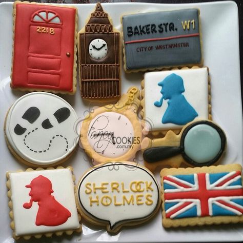 Sherlock holmes cookies Sherlock Cake, Halloween Lunch Box, British Party, Mystery Dinner Party, Cookies Decoradas, Mystery Dinner, Mystery Party, Fancy Cookies, Book Party