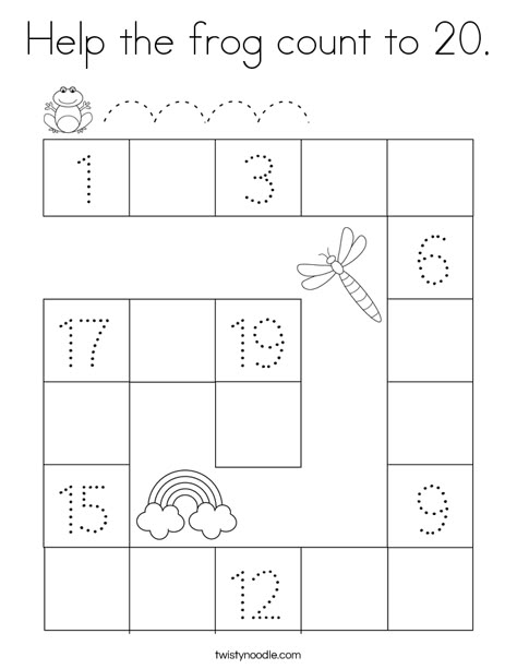 Help the frog count to 20 Coloring Page - Twisty Noodle 1 To 20 Worksheets Preschool, Count To 20 Activities, Count To 20 Worksheets, 1-20 Activities, Number 20 Worksheets For Preschool, Numbers Preschool Printables 1-20, Count And Write Worksheets 1-20, Numbers Preschool Printables, Preschool Counting Worksheets