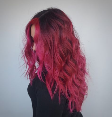 Hot Pink Baylage Hair, Fuschia Ombre Hair, Pink Halo Hair Color, Dark To Pink Hair, Dark Pink To Light Pink Hair, Red And Pink Balayage, Hot Pink Hair With Dark Roots, Pink Dimensional Hair, Red And Hot Pink Hair