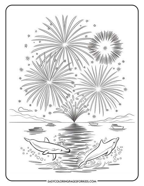 Illustration of a serene night scene featuring dolphins swimming in a calm sea, with vibrant fireworks bursting in the sky above, creating a festive atmosphere. Fireworks Coloring Pages, July Doodles, Fourth Of July Coloring Pages, July Activities For Kids, Easy Coloring Pages For Kids, American Flag Coloring Page, July Coloring Pages, Cardmaking Printables, Memorial Day Coloring Pages