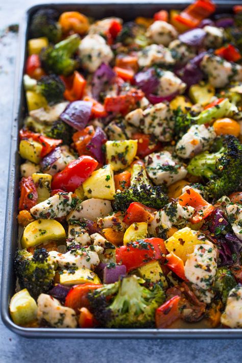 Sheet Pan Roasted Garlic Marinade Vegetables, Dried Cilantro, Gimme Delicious, Garlic Herb Chicken, Easy Sheet Pan Dinners, Chicken And Veggies, Chicken Veggies, Dried Parsley, Pan Dinners