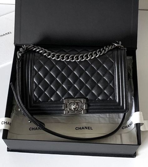 Chanel Boy Black Black On Black Chanel Bag, Chanel Bag Boy, Channel Boy Bag, Boy Chanel Bag, Black Designer Bag, Chanel Boy Bag Medium, Channel Purse, Chanel Boy Bag Black, Black Chanel Bag