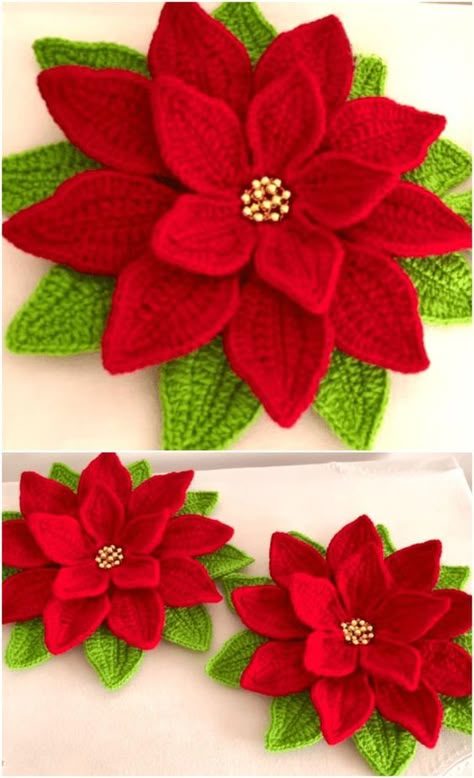 Crochet Beautiful Christmas Flower Crochet Pointsetta Flower, Mistletoe Crochet Pattern Free, Poinsettia Crochet Pattern Free, Crochet Christmas Flowers, Crochet Poinsettia Free Pattern, Diy Fall Ideas, Crazy Crochet, Crochet Beautiful, Crochet Pillow Cover