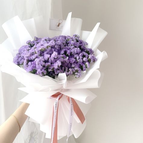 Korean Bouquet, Friendship Flower, Purple Statice, Flowers Ribbon, Flowers Delivery, Flower Colors, Flower Purple, Colors Purple, 20th Birthday