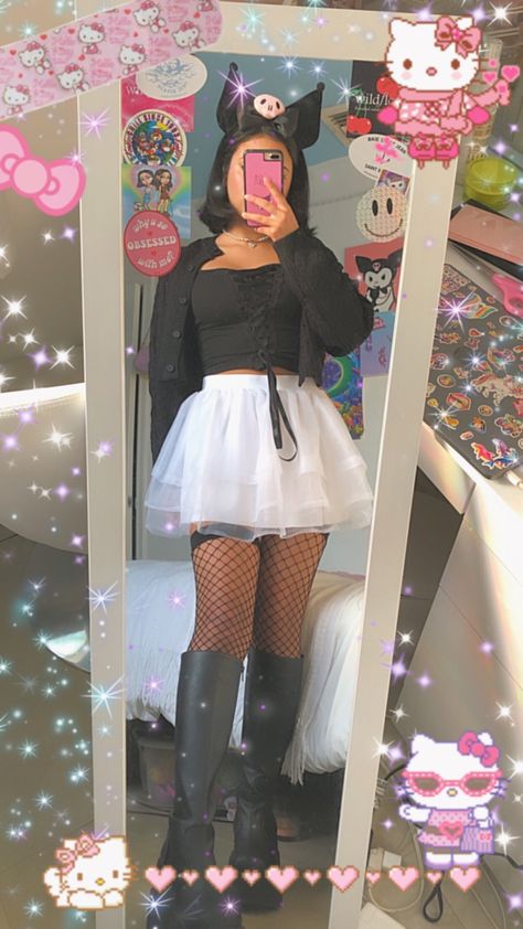 Kuromi Costume Ideas, Kuromi Outfit Inspired, Kuromi Outfit Ideas, Kuromi Outfit Aesthetic, Sanrio Inspired Outfit, Kuromi Inspired Outfit, Kuromi Aesthetic Outfit, Goth Skirt Outfit, Sanrio Outfit Aesthetic