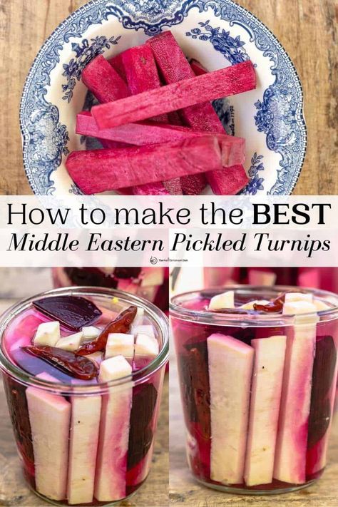 Easy Middle Eastern pickled turnips take just 10 minutes of prep! Pink pickles are a tasty, crunchy, versatile condiment for mezze, sandwiches, and more! Greek Pickled Vegetables, Pickled Turnips Recipe, Pickled Turnips Lebanese, Pickled Parsnips, Turnip Pickles, Pickled Turnips, Turnip Recipes, Pickled Radishes, Pickled Veggies