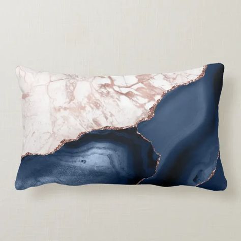 Navy Blue Rose Gold Agate Marble Lumbar Pillow | Zazzle.com Mauve Living Room, Blue And Pink Bedroom, Royal Bedroom Design, Rose Gold Room Decor, Rose Gold Rooms, Navy Living, Rose Gold Bedroom, Gold Room Decor, Spa Colors