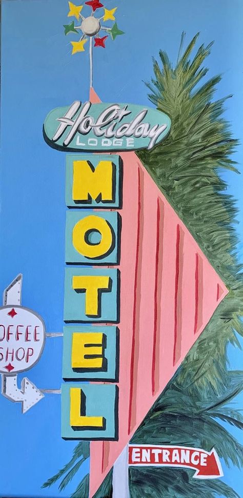 #NeonSigns #BrightIdeas #NeonCrafts #DIYNeon #NeonLightSigns #BrightIdeas Retro Hotel Sign, Retro Artwork Painting, Retro Motel Sign, Vintage Motel Signs, Cheap Motel, Retro Canvas Art, Color Art Lessons, Hotel Sign, Disney Minimalist