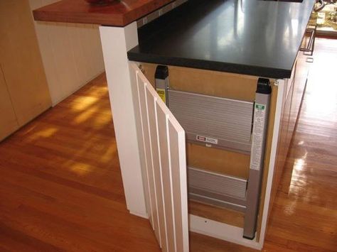 Interesting idea Folding flat step stool hidden in end of cabinet Ikea Step Stool, Kitchen Ladder, Kitchen Step Stool, Hidden Kitchen, Pantry Ideas, Modern Home Furniture, Step Ladder, Ikea Kitchen, Counter Tops