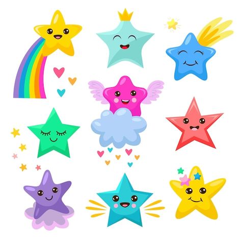 Kindness Cartoon, Star Cartoon Drawing, Star Clipart Cute, Stars With Faces, Animated Stars, Stars In Sky, Kawaii Stars, Magic Concept, Stars Images