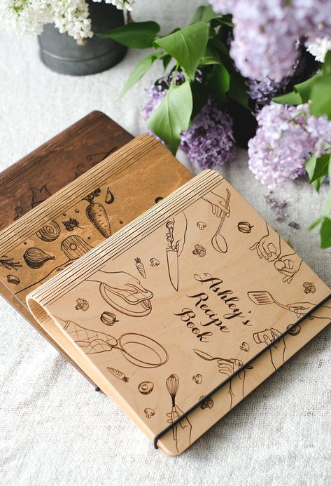 Book Binder Design, Blank Recipe Book, Custom Recipe Book, Wooden Binders, Scrapbook Recipe Book, Homemade Recipe Books, Recipe Book Design, Recipe Album, Recipe Book Diy