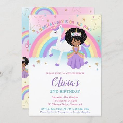 African Princess Unicorn Birthday Party Rainbow #princessandunicorn #1stbirthdayparty #unicornbirthday #rainbowunicorn #whimsical #princessandunicorninvitation #cuteprincessbirthdaypurpledress #africanamericanblackafro #castlefairytale #puffhair Unicorn 1st Birthday Party, Princess And Unicorn, Birthday Party Rainbow, Unicorn 1st Birthday, Rainbow Invitation, Birthday Purple, Unicorn Party Invites, Rainbow Birthday Invitations, Rainbow Invitations