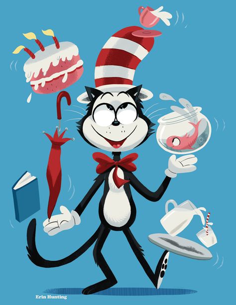 Cat In The Hat Fanart, Cat In The Hat Illustration, Cat In Costume Drawing, Cat With Hat Drawing, Cat With A Hat Drawing, Top Cat Cartoon Art, Ban Anime, The Cat In The Hat, Hunting Art