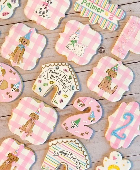 1 Year Puppy Birthday, Two Year Old Puppy Birthday Party, Pink Puppy Party, Puppy Party Cookies, Pink Gingham Birthday Party, Puppy Birthday Cookies, Dog Bday, Puppy Pawty, Puppy Birthday Party