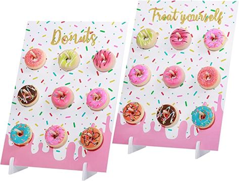 Amazon.com: donut stand wall display party decorations stand display shower table cake baby decor candy wedding bridal wall wood sign board dessert food supplies rustic gold tray cupcake wooden white brunch treat serving buffet ice sweet cream pink theme favors : Home & Kitchen Bagel Boards, Donut Holder, Donut Cartoon, Serving Buffet, Donut Display, Donut Stand, Candy Wedding, Board Party, Gymnastics Birthday