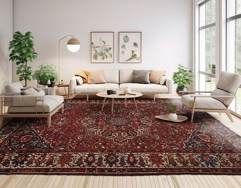 Living Room Inspiration Persian Rug, Living Room With Red Rug, Persian Rug Living Room Modern, Living Room With Persian Rug, Persian Decor Living Rooms, Red Persian Rug Living Room, Living Room Persian Rug, Persian Carpet Living Room, Persian Rug Bedroom