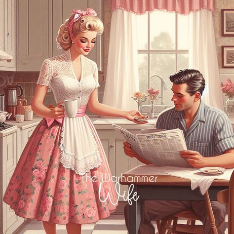 50s Husband And Wife, 50s Housewife Aesthetic Vintage, Trad Housewife, 1920s Housewife, Stepford Wife Aesthetic, Women In The 50s, 1950s Wife, Vintage Housewife Aesthetic, 1950s Housewife Aesthetic