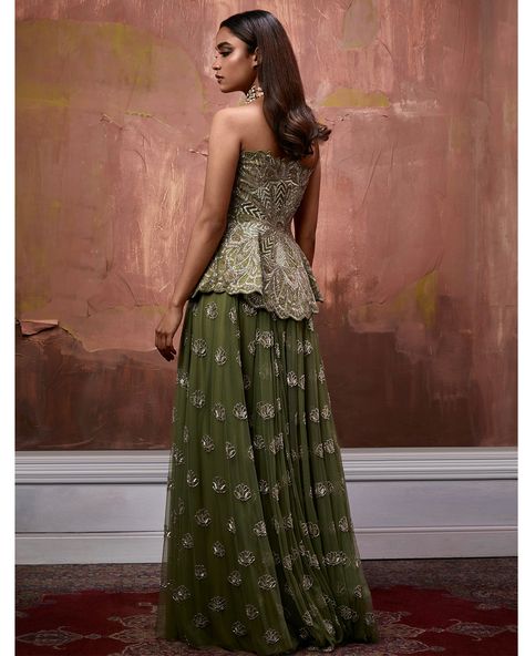 Olive Green Corset and Embroidered Skirt Set | Esha Sethi Ruffled Saree, Floral Embroidered Shirt, Corset And Skirt, Reception Outfit, Green Corset, Green Lehenga, Desi Clothes, Embroidered Lehenga, Embroidered Skirt