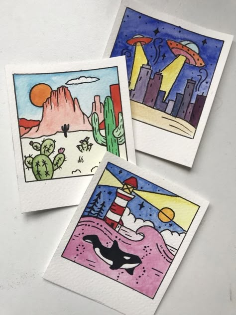 Polaroids Drawing Aesthetic, Mini Drawings Colorful, Polaroid Art Aesthetic, Drawing On Polaroids, Polaroid Sketch Drawings, Polaroid Art Drawing, Polaroid Drawing Ideas Aesthetic, Mini Polaroid Drawing, Polaroid Picture Painting