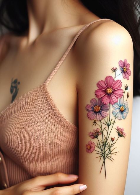 Birth Flower Tattoo Bliss: Stunning Designs | Pocoko Cosmos Flower Bouquet Tattoo, Cosmos Flower Tattoo Color, October Birth Flower Tattoo Cosmos, Cosmos Tattoo Flower, Cosmo Tattoo Flower, Cosmos Flowers Tattoo, Sunflower Bouquet Tattoo, Colorful Flowers Tattoo, Vera Core