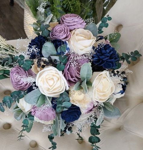 Navy Blue and Lavender Wooden Bouquet – My Dinosaur Dreams Lavender And Blue Flower Arrangements, Navy Blue And Lavender Wedding Flowers, Navy Blue Lavender Wedding, Lilac Navy Blue Wedding, Navy Blue Sage Green Lavender Wedding, Pale Blue And Purple Wedding, Navy Blue And Lavender Wedding Theme, Purple Blue And Cream Wedding, Lavender Navy Wedding