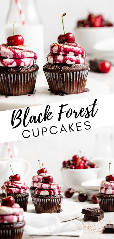 Cupcake Filling Ideas, Chocolate Cupcakes Recipes, Cupcakes With Filling, Perfect Cupcake Recipe, Stabilized Whipped Cream Frosting, Chocolate Cherry Cupcakes, Forest Cupcakes, Black Forest Cupcakes, Chocolate Cupcakes Filled