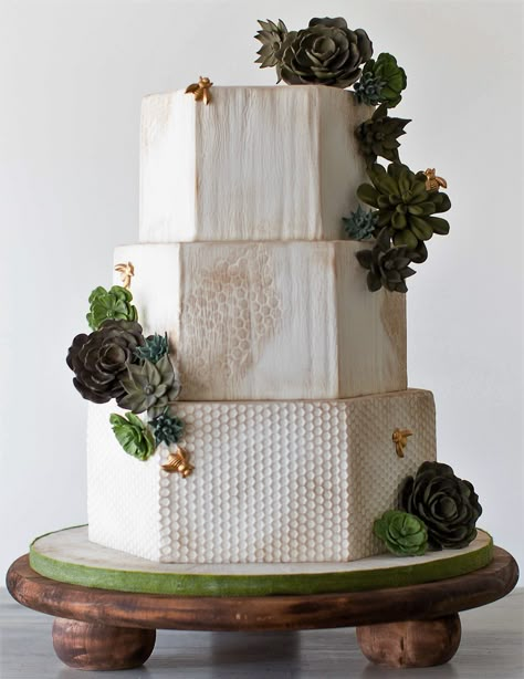 Nature Wedding Cake, Bee Wedding Theme, Cake With Succulents, Wedding Cake Nature, Bee Wedding Cake, Honey Bee Wedding, Honeycomb Wedding, Succulent Wedding Cakes, Pear And Almond Cake