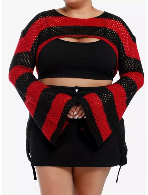 Cute Shrug Outfits, Plus Size Emo Fashion, Crop Tops Plus Size, Red And Black Outfit, Crop Shrug, Red And Black Outfits, Plus Size Hot, Cropped Shrug, Thick Sweater