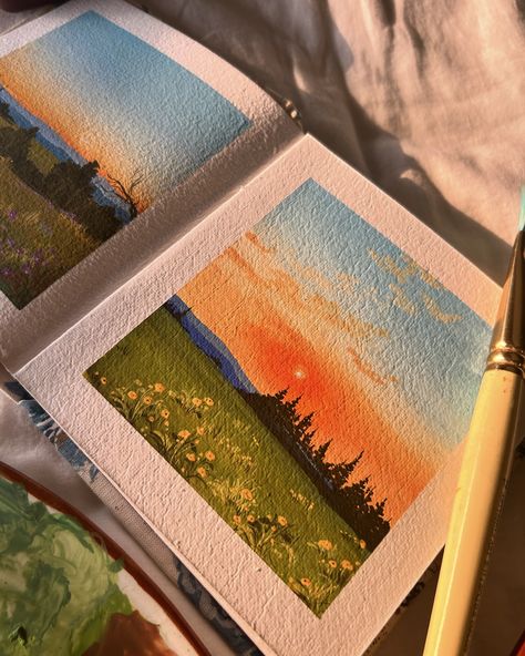 Chasing golden horizons ❤️‍🩹🌻 Used @miyahimi.india gouache paints from @thoovi.arts Worked on @creatingfromtheheartstore sketchbook ( gouache art, easy art, sunset painting, sunset aesthetics, sunset art, easy gouache art, easy painting, gouache artwork, gouache illustration ) Tags 🏷️ #gouachepainting #gouachepaint #gouacheillustration #gouachelandscape #gouacheartist #easyartwork #easyart #gouacheartist Basic Gouache Painting, Easy Gouache Painting, Gouche Painting Landscapes, Easy Gouache Landscape, Gouche Scenery Painting, Gouache Art For Beginners, Simple Gouache Landscape, Gouache Illustrations, Art Sketches Pencil