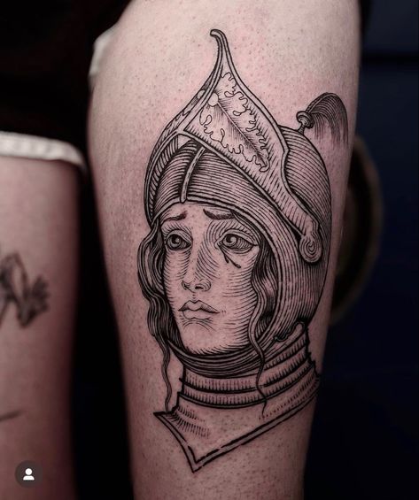 Lady Knight Tattoo, Female Knight Tattoo, Knight Tattoo Medieval, Medieval Tattoo Sleeve, Medieval Woodcut Tattoo, Tattoo Knight, Medieval Tattoos, Tattoo Medieval, Historical Tattoos