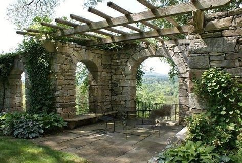 Stone Pergola, Stone Garden Wall, Stone Walls Garden, Stone Wall Design, Stone Landscaping, Aged Wood, Dry Stone, Stone Garden, Stone Walls