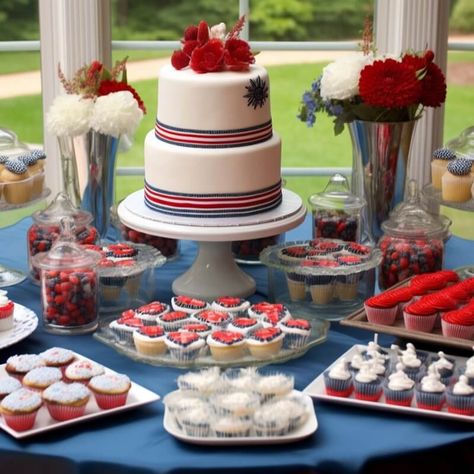 Add a delicious festive splash into your 4th of July party by setting up a delectable dessert station. Dress up the table in a navy-blue tablecloth and bring a sweet twist to your desserts by presenting them atop dessert trays. Sweeten up the patriotic feel by filling apothecary candy jars with goodies and highlight the party cake by serving it atop white cake stand. Flaunt patriotic hued mum, hydrangea, & rose flowers in silver trumpet vases and show off your American pride in a cheerful way. 4th Of July Trifle Red White Blue, Patriotic Dessert Table, American Flag Cake Pops, Firecracker Cake 4th Of July, No Bake Patriotic Cake, Pioneer Woman Red White And Blue Trifle, White Cake Stand, Vases Flowers, Event Decor Ideas