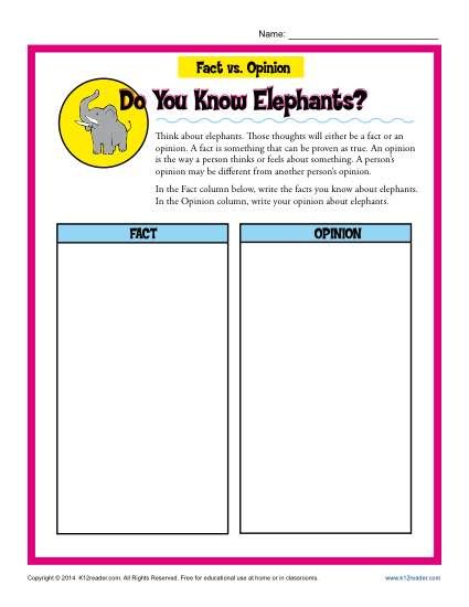 The mighty elephant is the focus of this fact or opinion worksheet. Fact Vs Opinion, Fact And Opinion Worksheet, Fact Or Opinion, Facts And Opinions, Elephant Facts, Geography Worksheets, Expository Writing, Fact And Opinion, Teaching First Grade