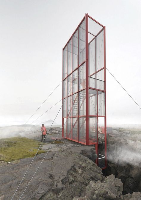 KOGAA unveils 'ICE TOWER', a viewing platform within icelandic landscape Observation Tower Architecture, Nordic Office, Icelandic Landscape, Arch Inspiration, Water Catchment, Viewing Platform, Observation Tower, Metal Grid, Watch Tower