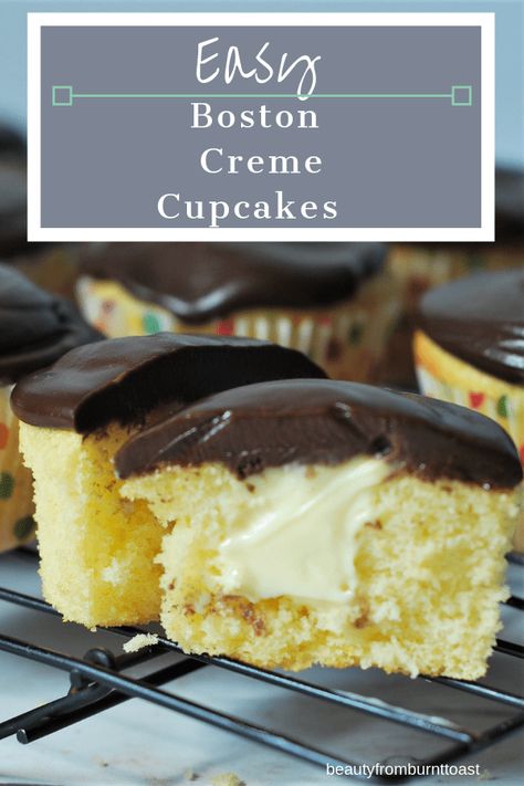 Moist yellow caked filled with creamy pudding and topped with sinful chocolate ganache? These Boston Cream Cupcakes are your new favorite dessert. #bostoncream #cupcakes #desserts #sweets Easy Boston Cream Pie Cupcakes, Yellow Cake Filled Cupcakes, Boston Creme Cupcake, Yellow Cake Cupcakes Ideas, Boston Creme Filling, Cupcakes With Pudding Filling, Boston Crème Pie Cupcakes, Cream Filled Cupcakes Easy, Best Cake Mix Cupcakes