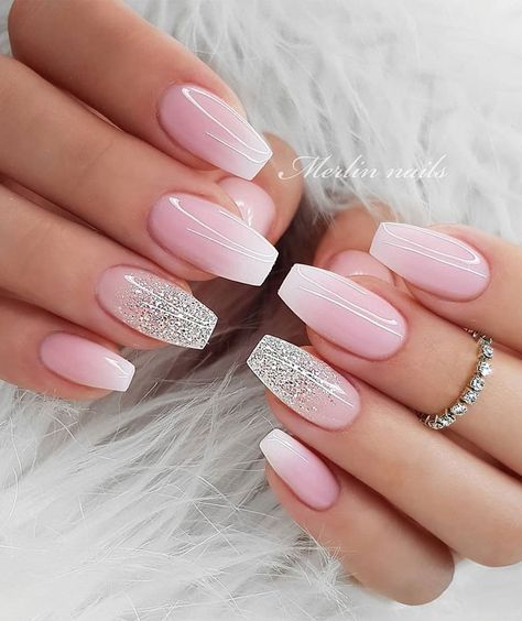 Shimmery & Ombre French Tip Nails When it comes to wedding nails, there are so many options out there, either French manicure, Gel manicure,... Baby Girl Shower Nails, Maternity Shoot Nail Ideas, Nails For Baby Shower Girl, Girl Baby Shower Nails, Baby Pink Nails With Design, Baby Pink Nail Designs, Baby Shower Nails Girl, Birth Nails, Shower Nails