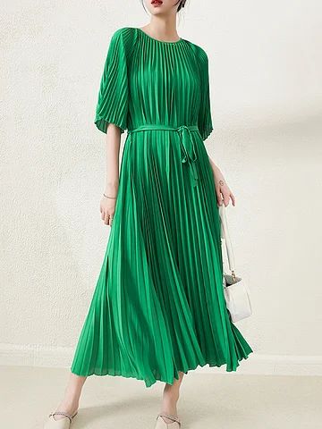 Pleated Solid Color Dresses Stand Collar Blouse, Solid Color Dress, Maxi Robes, Pleated Midi Dress, Chiffon Maxi Dress, Maxi Dress Green, Style Maxi Dress, Maxi Dress Blue, Long Sleeve Shirt Dress