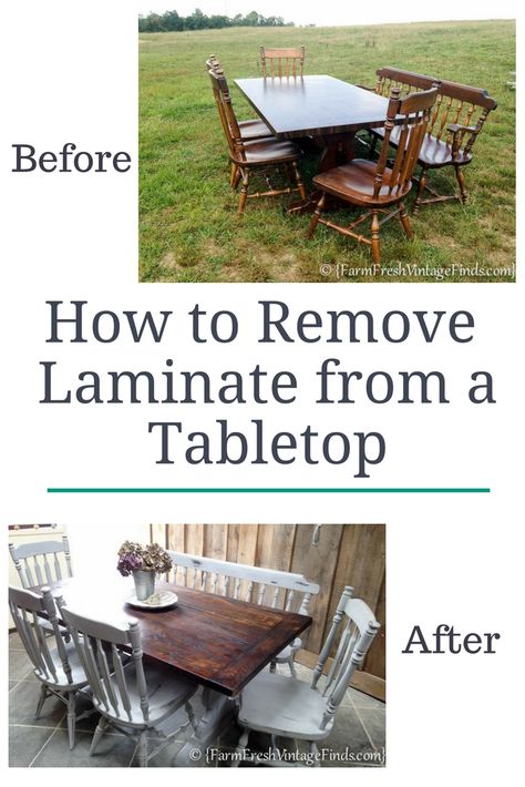 Remove Laminate from a Table Refinishing Laminate Table Top, Repair Table Top, How To Paint Formica Table Top, How To Redo A Laminate Table Top, How To Remove Laminate From Furniture, Redo Laminate Table Top, Laminate Dining Table Makeover, Painting Formica Tabletop, Refinish Laminate Table