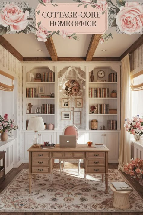 Cottage Indoor Plants, Cottage Core Home Office, Light Cottagecore Aesthetic, Feminine Library, Pastel Library, Cottagecore Room Aesthetic, Cottagecore Home Aesthetic, Light Academia Office, Cottage Home Office