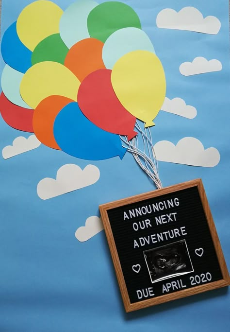 Disney Theme Gender Reveal, Baby Shower Up Theme, Up Themed Gender Reveal, Up Theme Baby Shower Ideas, Up Nursery Theme, Up Gender Reveal Theme, Nerdy Pregnancy Announcement, Up Baby Shower Theme, Nerdy Baby Announcement