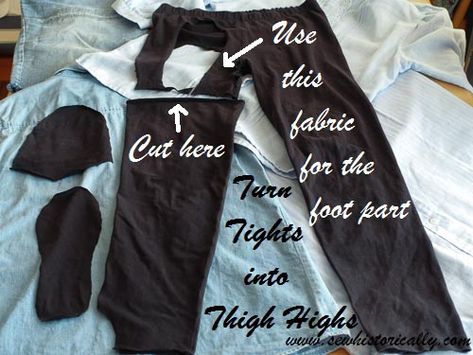 How To Make Thigh High Socks, Diy Knee High Socks, Diy Thigh High Socks, Leggings Upcycle Diy, Upcycle Tights Diy Ideas, Diy Ripped Tights, Thigh High Sock Pattern Sewing, Upcycle Leggings, Thigh High Leggings