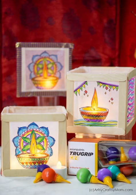 Diwali Lanterns Diy How To Make, Paper Luminaries, Diwali Lantern, Paper Lanterns Diy, Lantern Craft, Diy Wax, Asian Paints, Diwali Craft, Kids Art Class