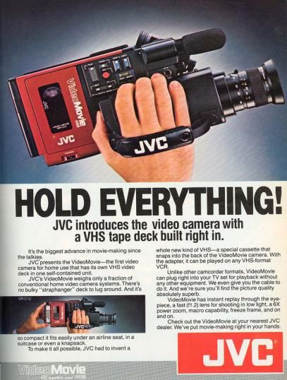 #19 - JVC VideoMovie Camcorder. From Rodney King and citizen journalism to America’s Funniest Home Videos and unscripted television, the camcorder did as much to change the world from 1983 to 2006 as it did to record it. And though the 1984 JVC VideoMovie wasn’t the first model on the market, it became iconic when Marty McFly lugged it around in 1985’s Back to the Future. The ruby red model was the first to integrate the tapedeck into the camera. Rodney King, Fotocamere Vintage, Tech Magazines, Survival Gardening, Tape Deck, Retro Ads, Vhs Tape, Vintage Electronics, Video Camera