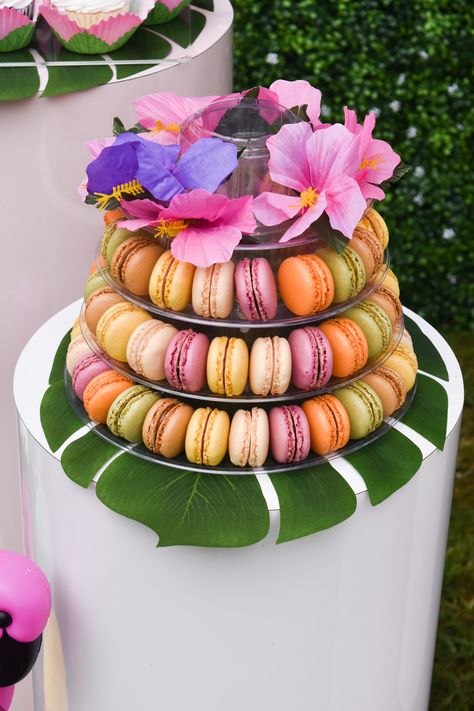 Tropical Flamingo Party, Tropical Sweet 16, Macarons Tower, Party Macarons, Hawaii Birthday Party, Andover Massachusetts, Luau Party Food, Tropical Theme Party, Tropical Birthday Party