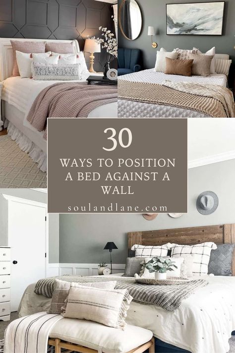 Maximize your bedroom space with these creative ways to position your bed against a wall. From clever storage solutions to design tricks that enhance the flow of your room, these ideas will give you a spacious and stylish bedroom layout while ensuring comfort and functionality. Master Bed Against Wall Bedroom Designs, Uncentered Bed, Bed Attached To Wall, Full Bed Against Wall, Queen Bed Sideways Against Wall, Bed Placement With Windows, Bed Next To Door Layout, Off Centered Bed Placement, Bed Not Centered On Wall